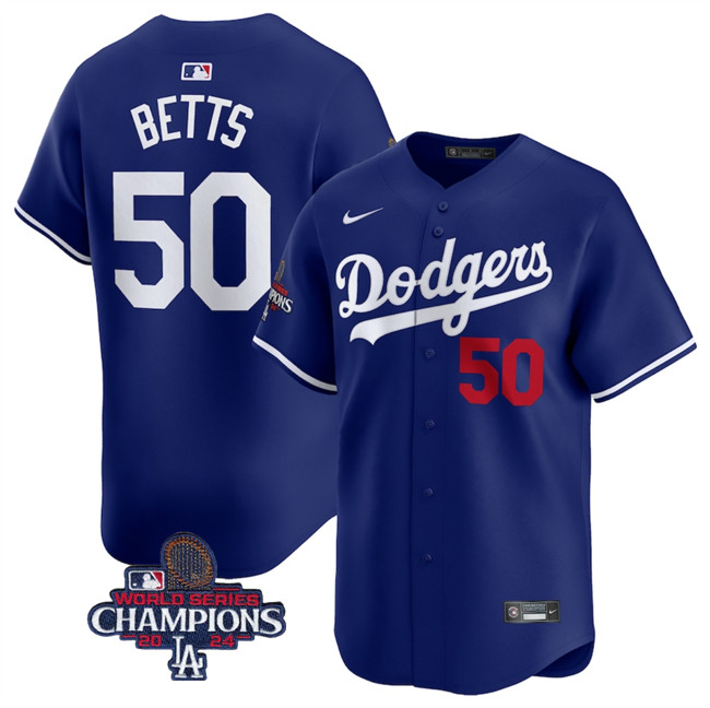 Men's Royal Los Angeles Dodgers #50 Mookie Betts 2024 World Series Champions Alternate Limited Stitched Baseball Jersey
